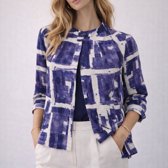 Simply Vera Vera Wang Tops - Simply Vera Wang Navy Abstract Print Blouse Lightweight Open Front Jacket Top